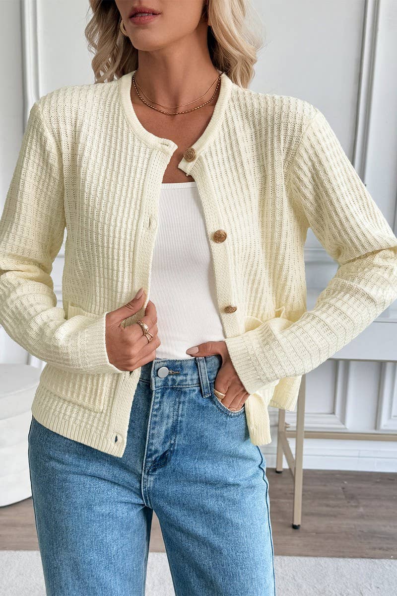 CWOCAL00582_SOLID COLOR METAL BUTTON CARDIGAN SWEATER