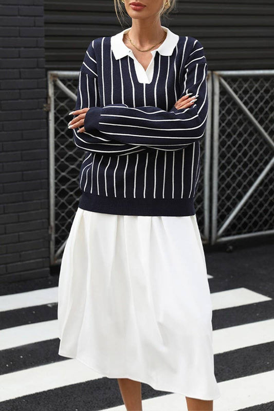 CWOSWL6899_COLLARED CASUAL STRIPED KNIT LONG SLEEVE SWEATER