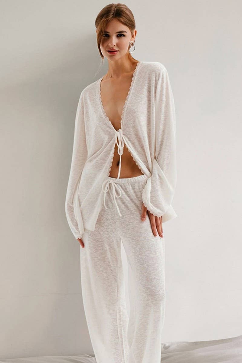 CWSPJ0173_KNITTED LACE-UP LONG SLEEVE PANTS PAJAMA SET