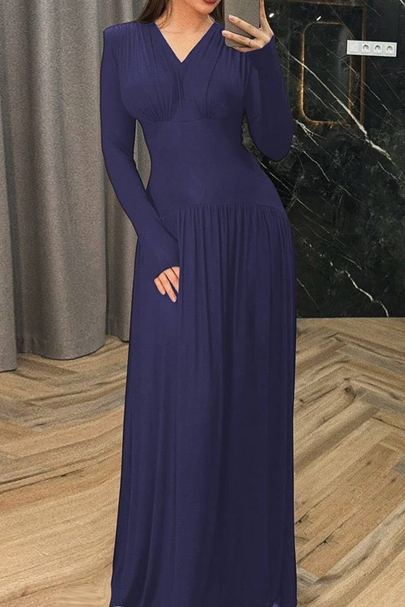 CWDMD01205_V NECK RUCHED WAIST SOLID MAXI DRESS