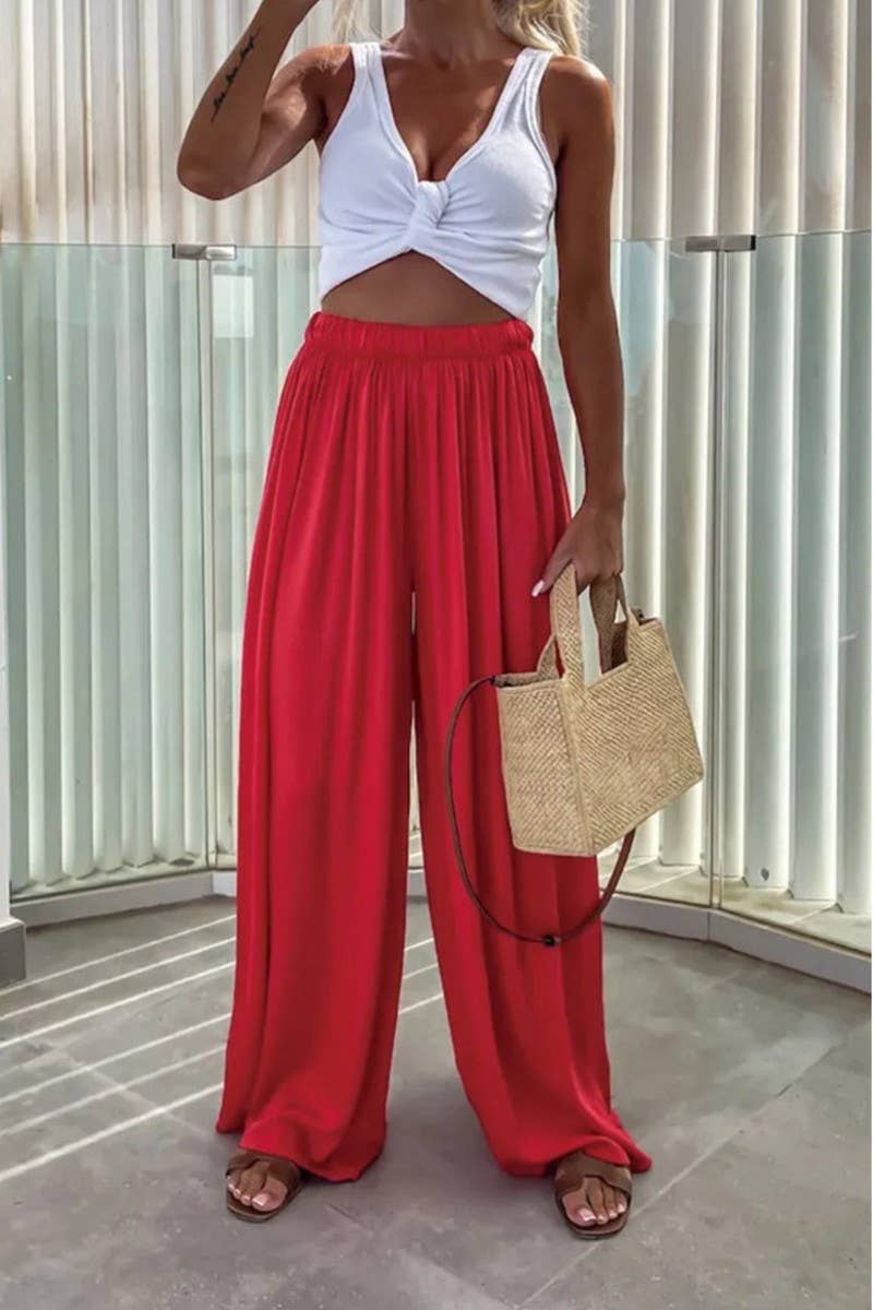 CWBLP1860_SOLID COLOR LOOSE POCKET CASUAL WIDE-LEG PANTS
