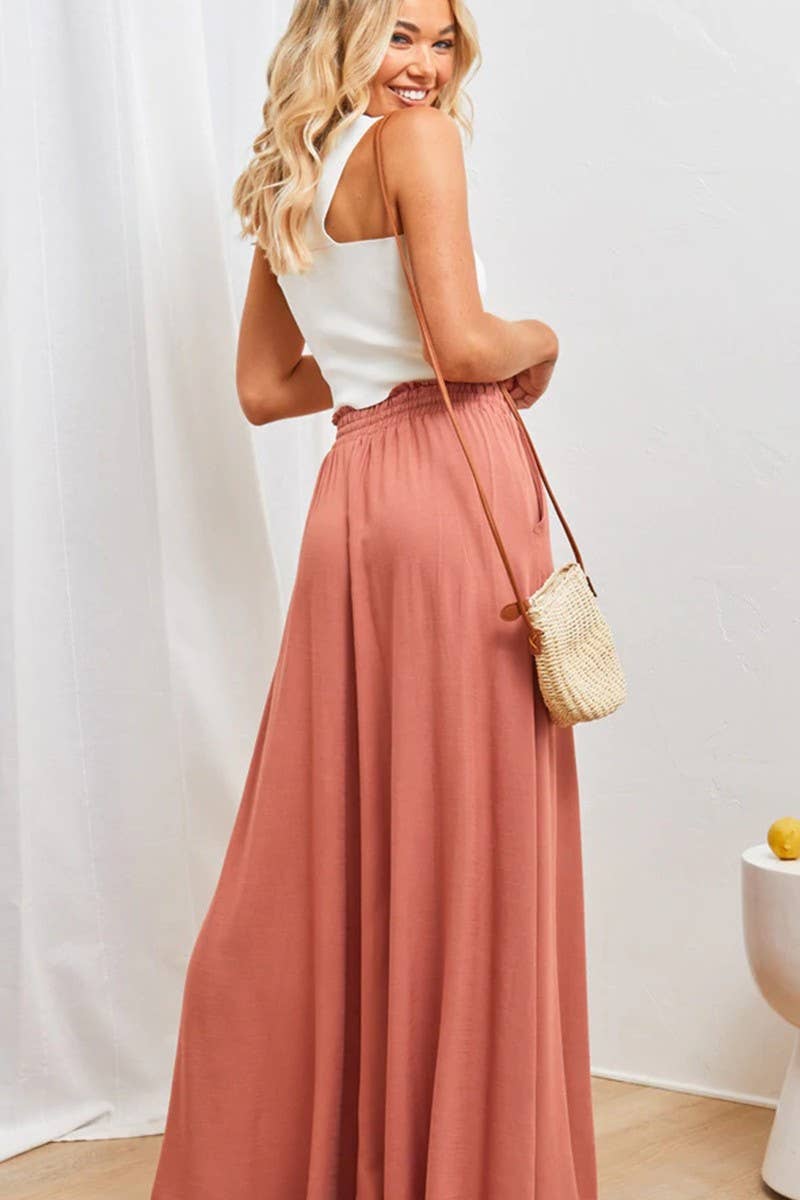 CWBLP0705_SOLID COLOR ELASTIC WAIST TIE WIDE LEG PANTS