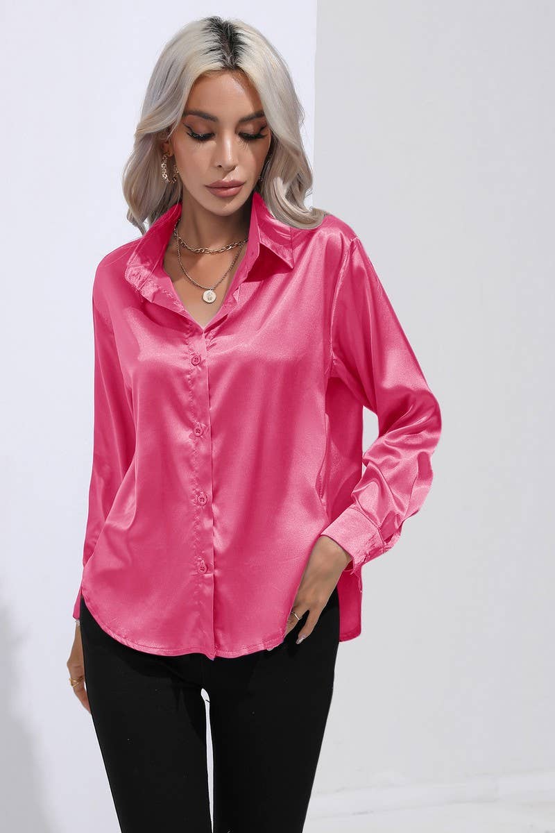 CWTBLL0690_Button Down Silky Satin Long Sleeve Top