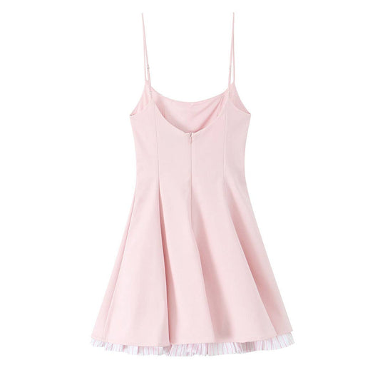 A short halter dress with striped patchwork