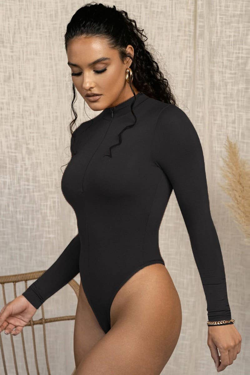CWSBSL0151_SOLID COLOR PLUSH LONG SLEEVE ZIPPER BODYSUIT