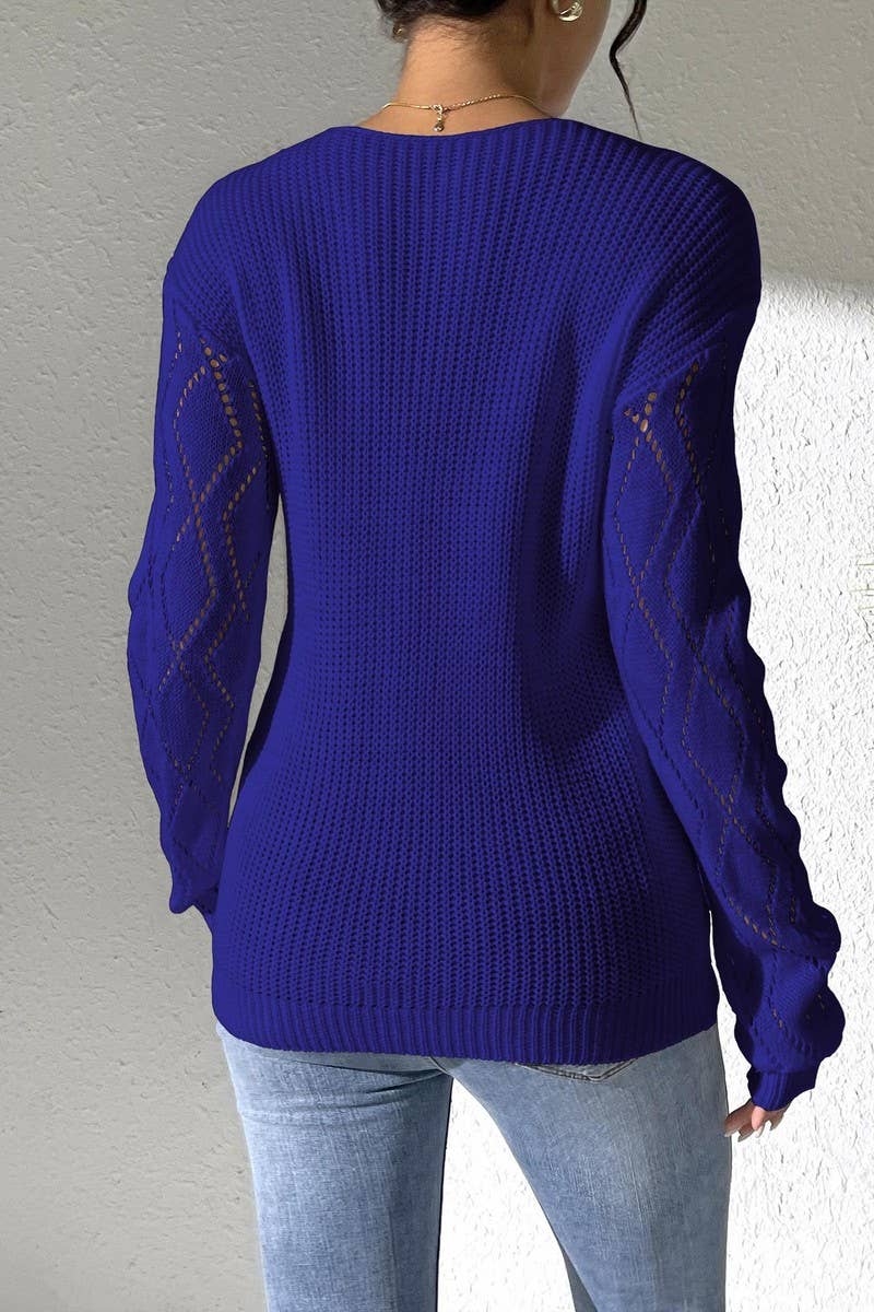 CWOSWL07385_WOMEN LACE V NECK COLOR BLOCK KNIT TOP