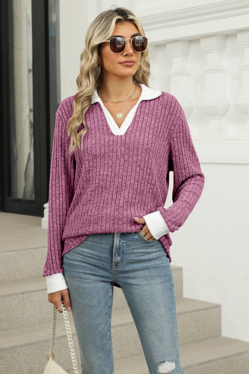 CWOSWL6610_WINTER V-NECK LONG-SLEEVED LAPEL SWEATER