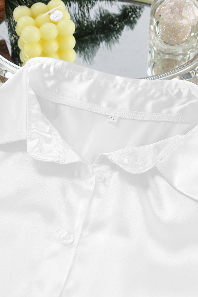 CWSPJ0191_WHITE SATIN LONG SLEEVE SHORTS PAJAMAS HOME SET