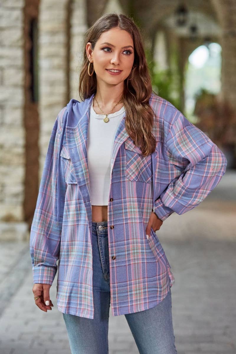 CWTSTL1718_FALL CASUAL LONG-SLEEVED HOODED PLAID SHIRT TOP