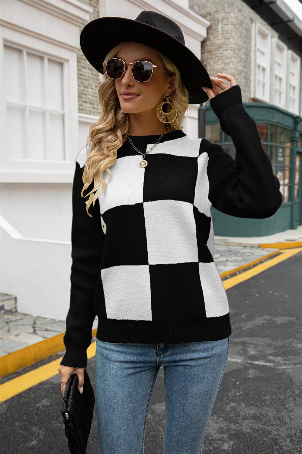 CREW-NECK LONG-SLEEVED PLAID KNIT PULLOVER