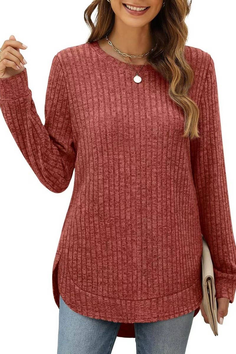 CWTBLL2383_ROUND NECK LONG SLEEVE SLIT SWALLOWTAIL TOP