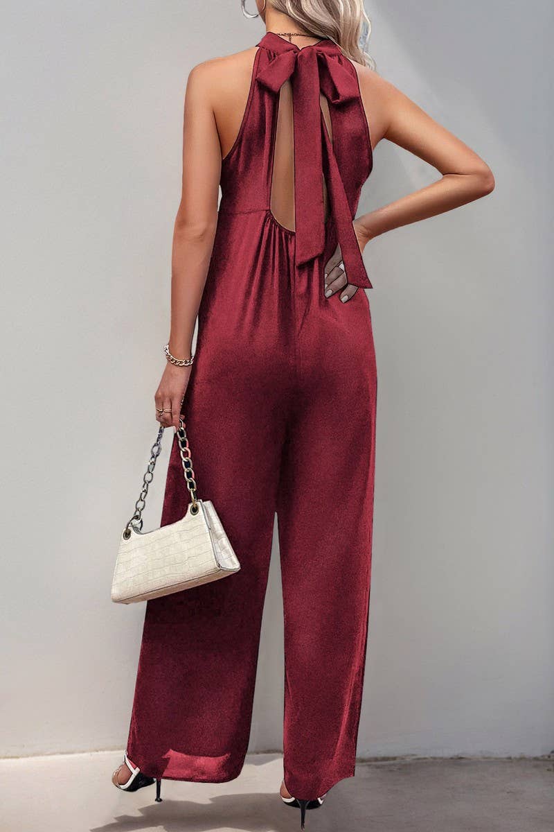CWSJS1675_SOLID HIGH NECK HALTER WIDE LEG JUMPSUIT