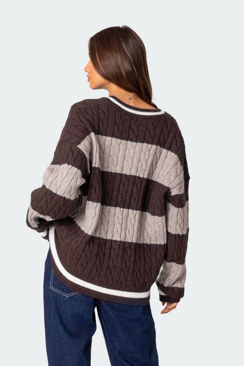 CWOSWL6749_V-NECK STRIPED CONTRAST LOOSE KNIT SWEATER