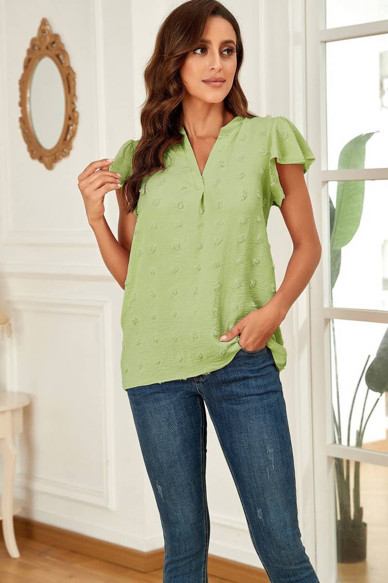 CWTBLS0606_V-NECK RUFFLED SLEEVE CHIFFON SHORT-SLEEVED TOP