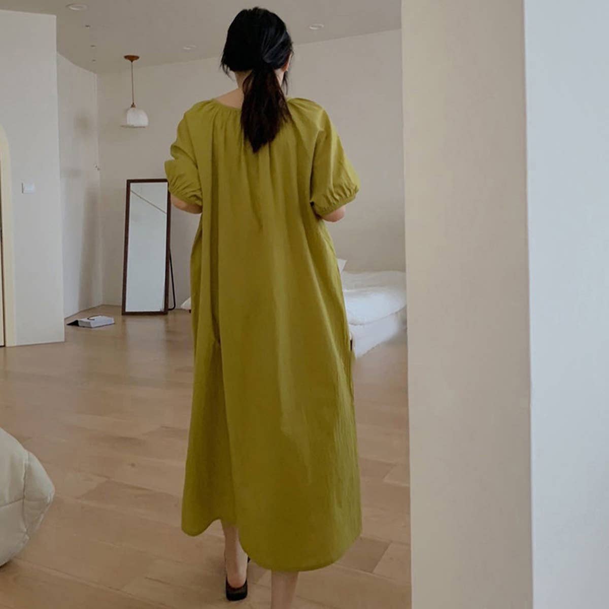 COTTON LACE DESIGN PUFFY SLEEVE DRESS