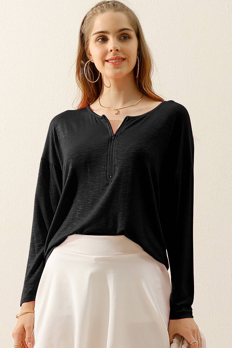 CWTTL1454_Zip Neck Long Sleeve Pullover Top