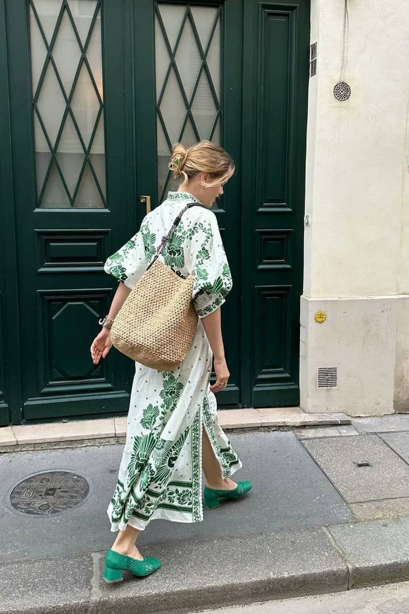 CWDMD4143_V-NECK LANTERN SLEEVE PRINTED LONG DRESS