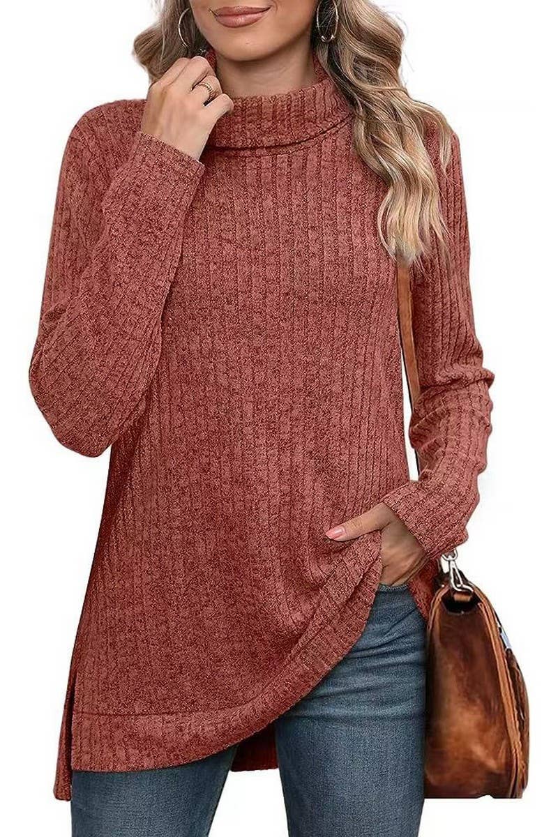 CWOSWL6106_SOLID COLOR HIGH COLLAR SLIT RIBBED BOTTOMING TOP