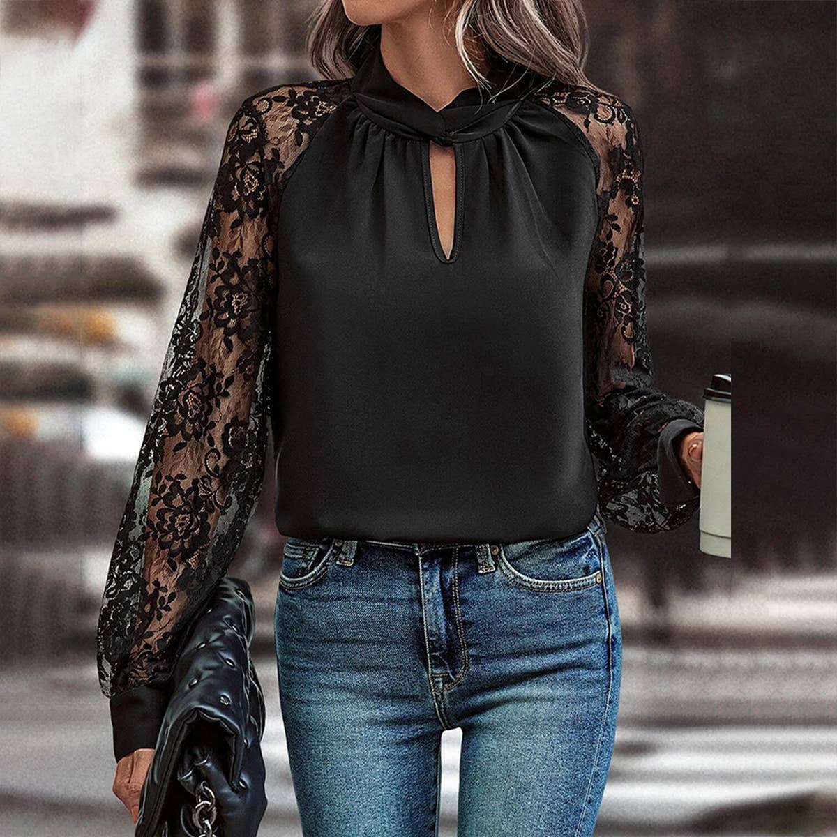 COMMUTER LACY PATCHWORK LONG-SLEEVED BLOUSE LADY