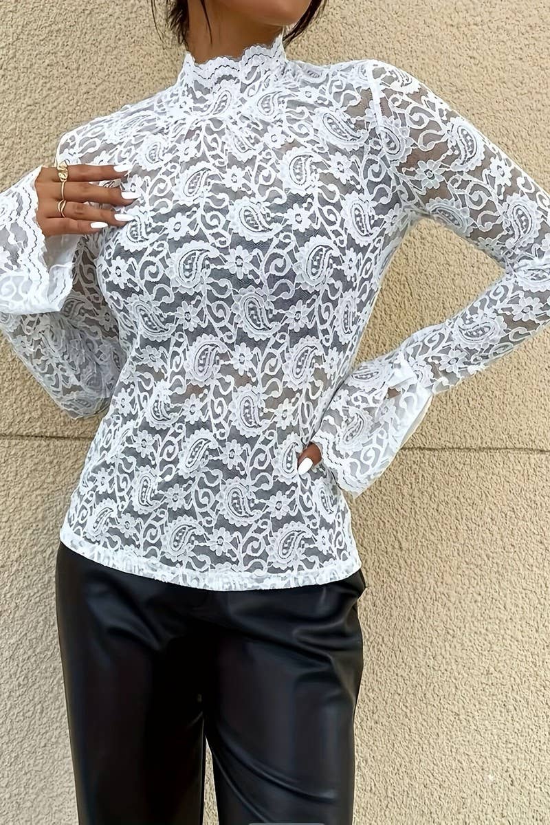 CWTBLL3464_HALF TURTLENECK LACE TRUMPET SLEEVE TOP