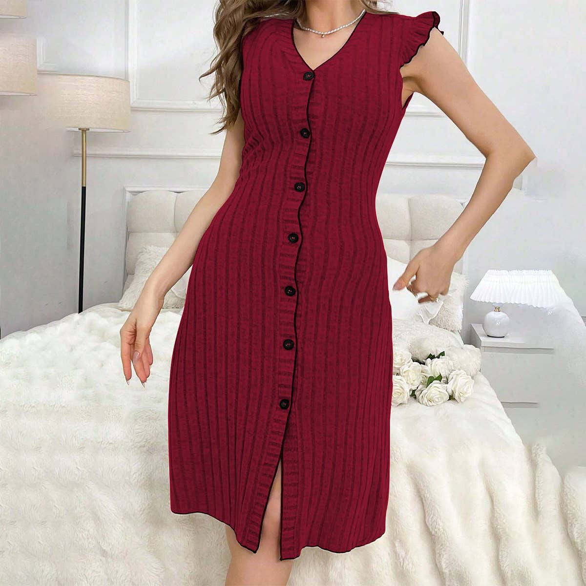 CASUAL BURGUNDY SINGLE-BREASTED SWEATER DRESS