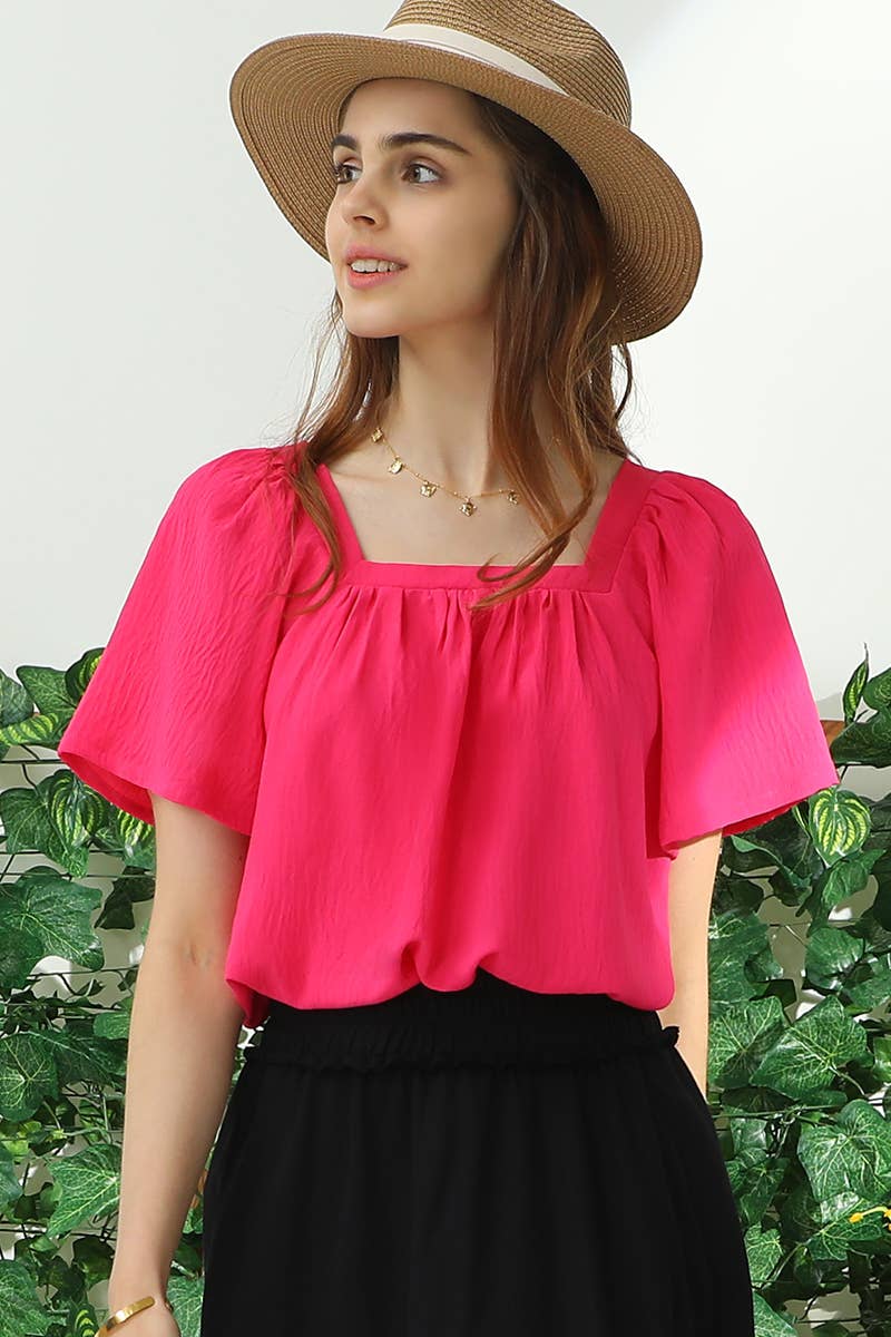 CWTBLS192_SQURE NECK RUFFLE NECK SHORT SLEEVE BLOUSES TOP
