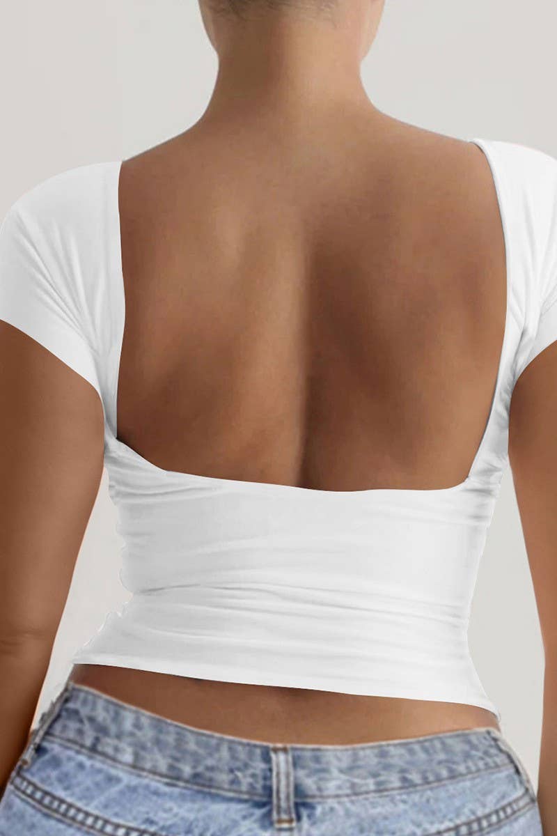 CWTBLS1584_ROUND NECK OPEN BACK SHORT SLEEVE TOP