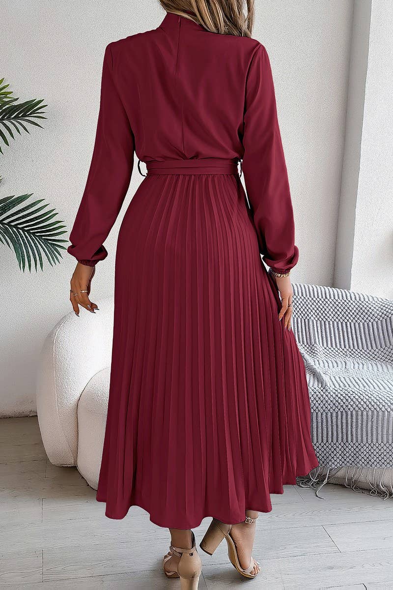 CWDMD3430_TIE STAND COLLAR PLEATED MAXI DRESS