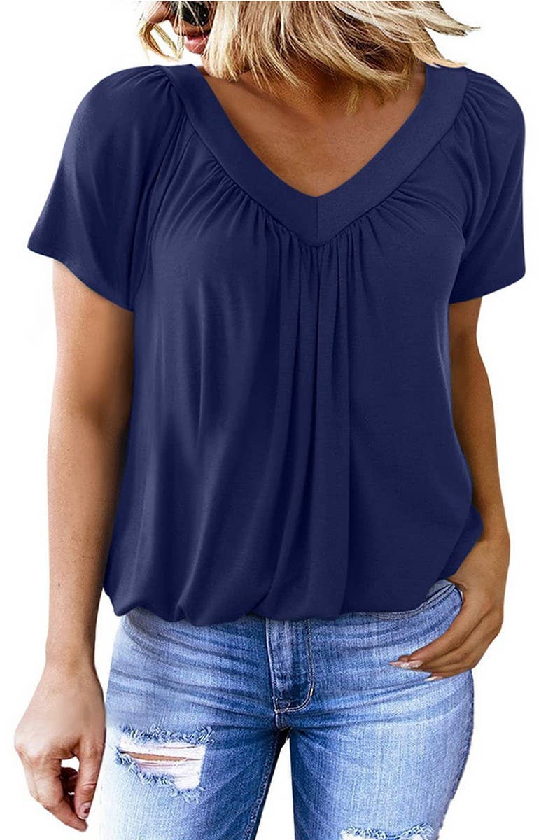 CWTBLS1820_SUMMER NEW V-NECK PLEATED LOOSE T-SHIRT