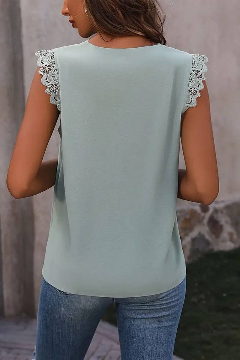 CWTTSL0348_SUMMER V-NECK ELEGANT LACE SLEEVELESS T-SHIRT
