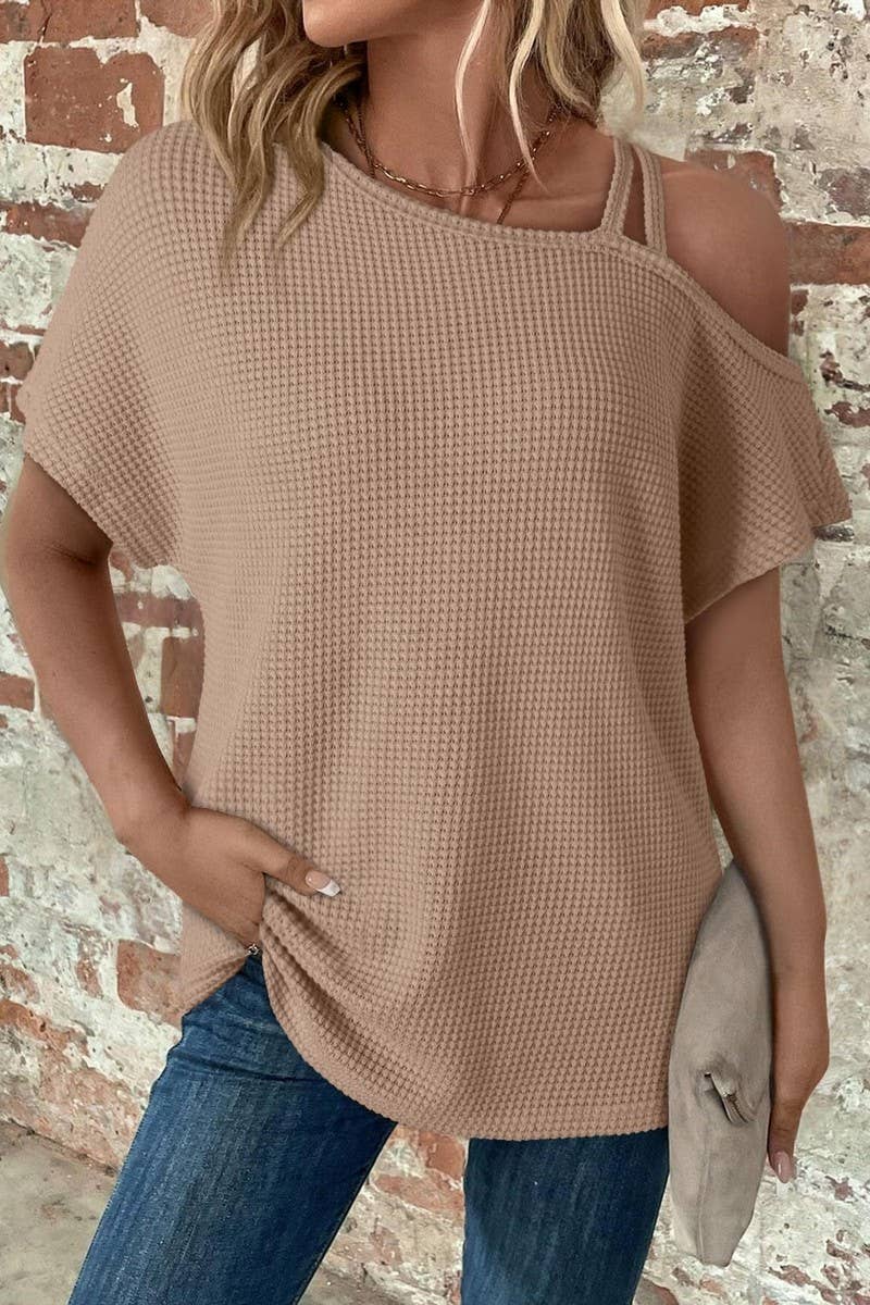 CWTBLS1617_SOLID COLOR OFF-SHOULDER SHORT-SLEEVED KNIT TOP