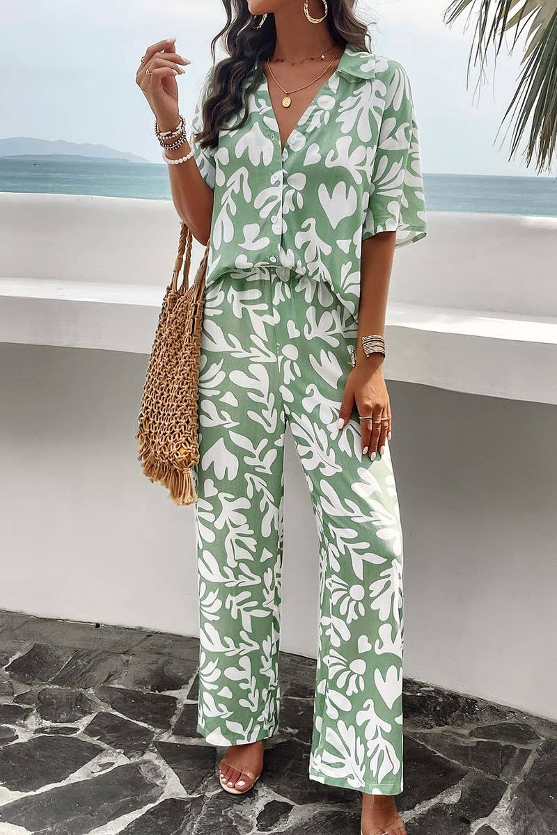 CWSTB0340_Button Down Long Slv Print V-Neck Long Pants Set
