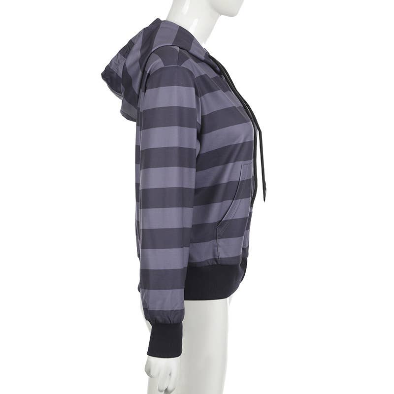 BASIC ZIPPER STRIPED COLOR CONTRAST CASUAL HOODIE