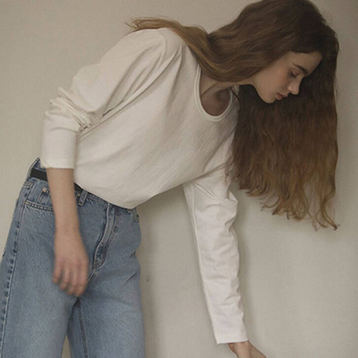 Cotton round-neck off-the-shoulder sleeve shirt