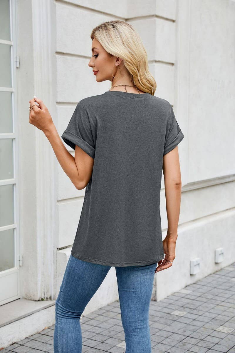 CWTBLS1728_SOLID COLOR ROUND NECK T-SHIRT SHORT SLEEVE TOP