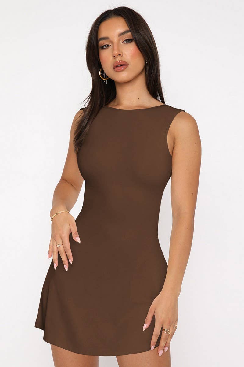 CWDSD8600_SOLID COLOR BACKLESS SEXY SLEEVELESS DRESS