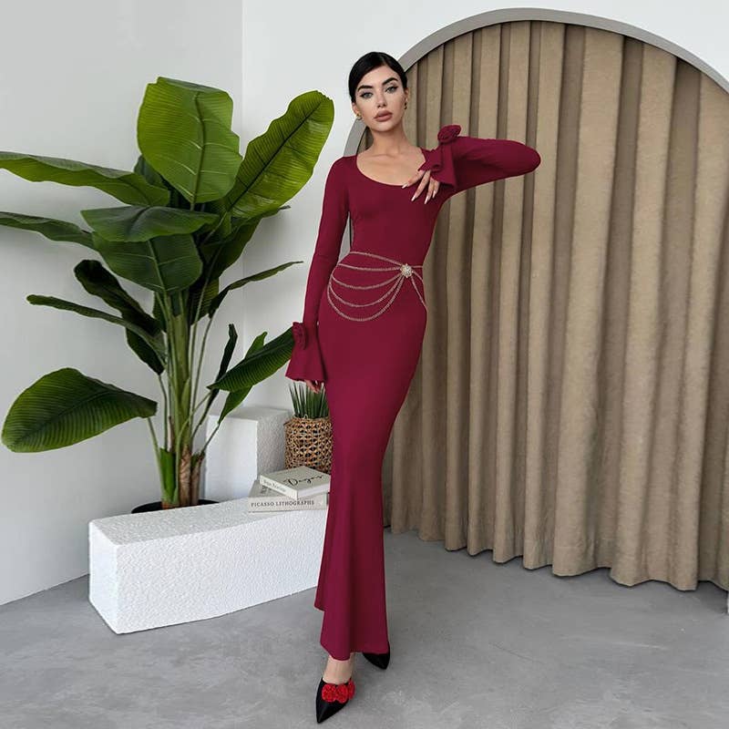 ELEGANT CREW-NECK ROSE LONG-SLEEVED DRESS