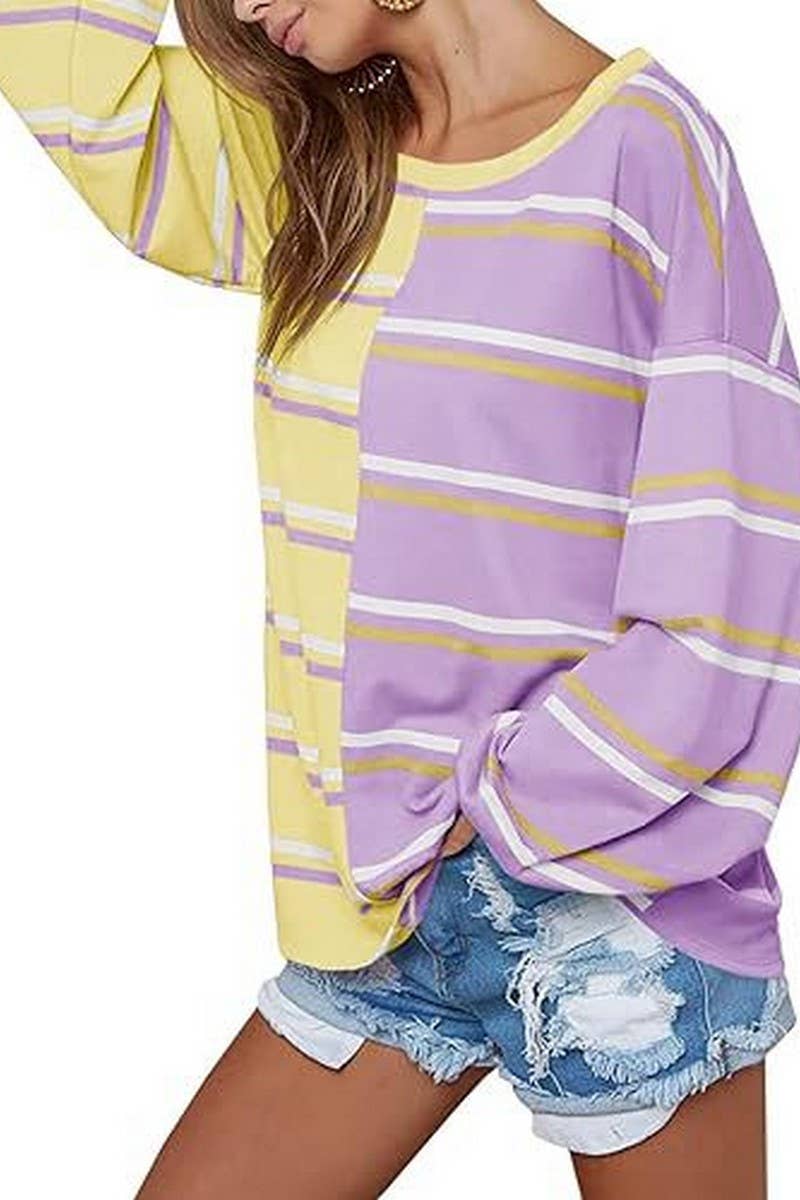 CWTBLL3903_LOOSE CASUAL STRIPED KNIT LONG SLEEVE SWEATSHIRT