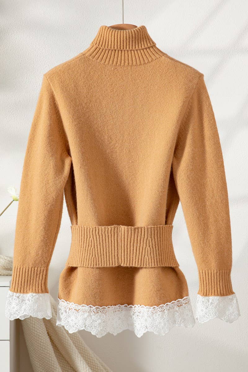 CWOSWL07446_LAPEL LACE PANELED BELTED KNITTED TOP