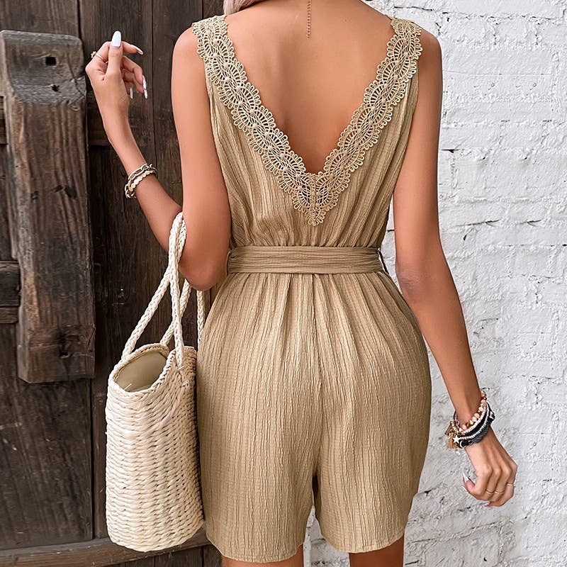 Button-down belt V-neck halter waist romper