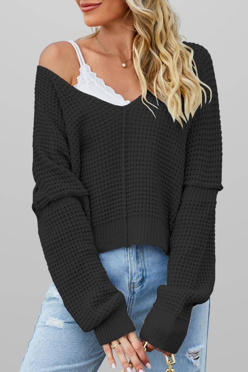 CWOSWL5882_KNIT LONG-SLEEVED V-NECK SHOULDER SWEATER