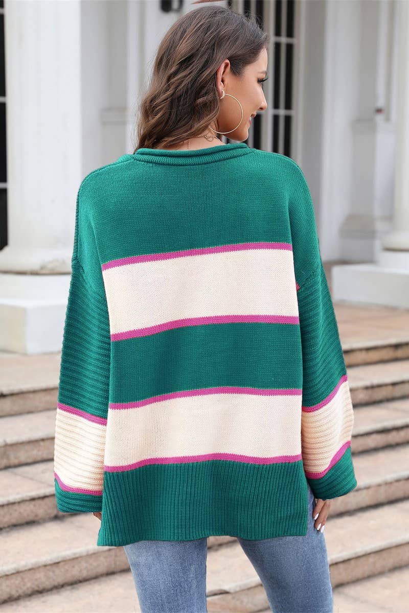 CWOSWL3175_BUTTON CONTRAST COLOR SPLIT KNITTED SWEATER
