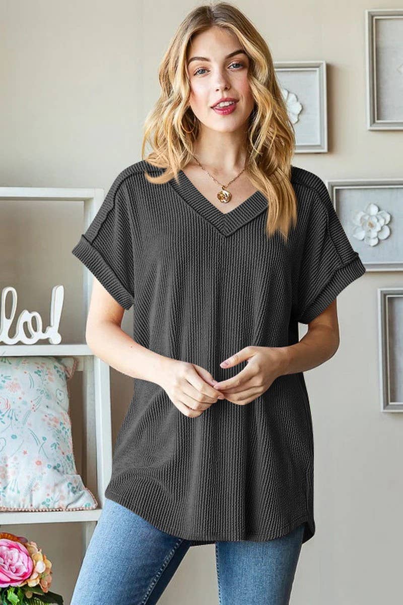 CWTBLS1500_V-NECK RIBBED JACQUARD KNIT SHORT-SLEEVED T-SHIRT