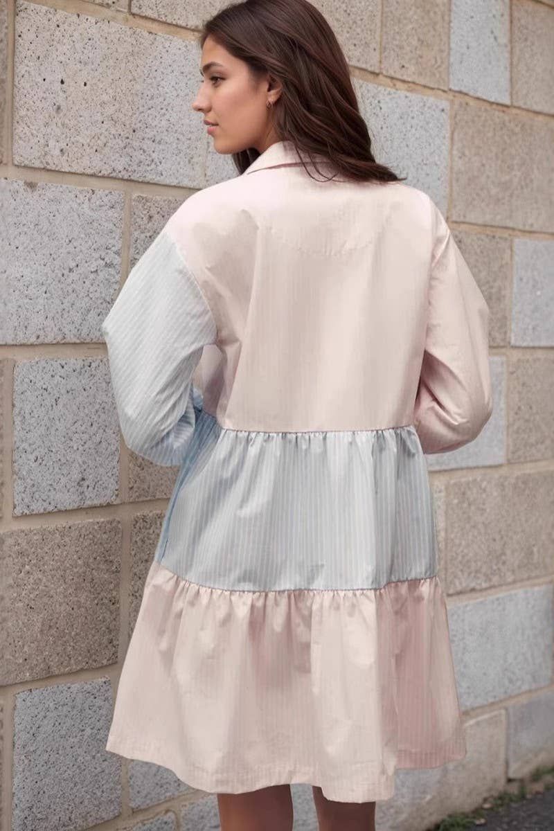 CWDSD8761_CONTRAST STRIPE LAPEL LOOSE-FITTING SHIRT DRESS