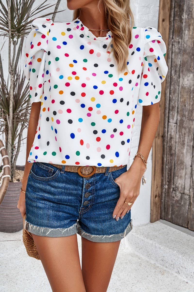CWTBLL3611_CASUAL COMMUTER POLKA DOT PUFF SLEEVE TOP