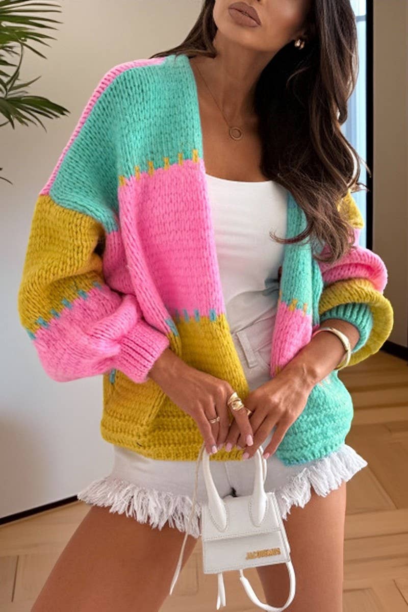 CWOCAL00726_COLORBLOCK LOOSE KNIT CARDIGAN SWEATER