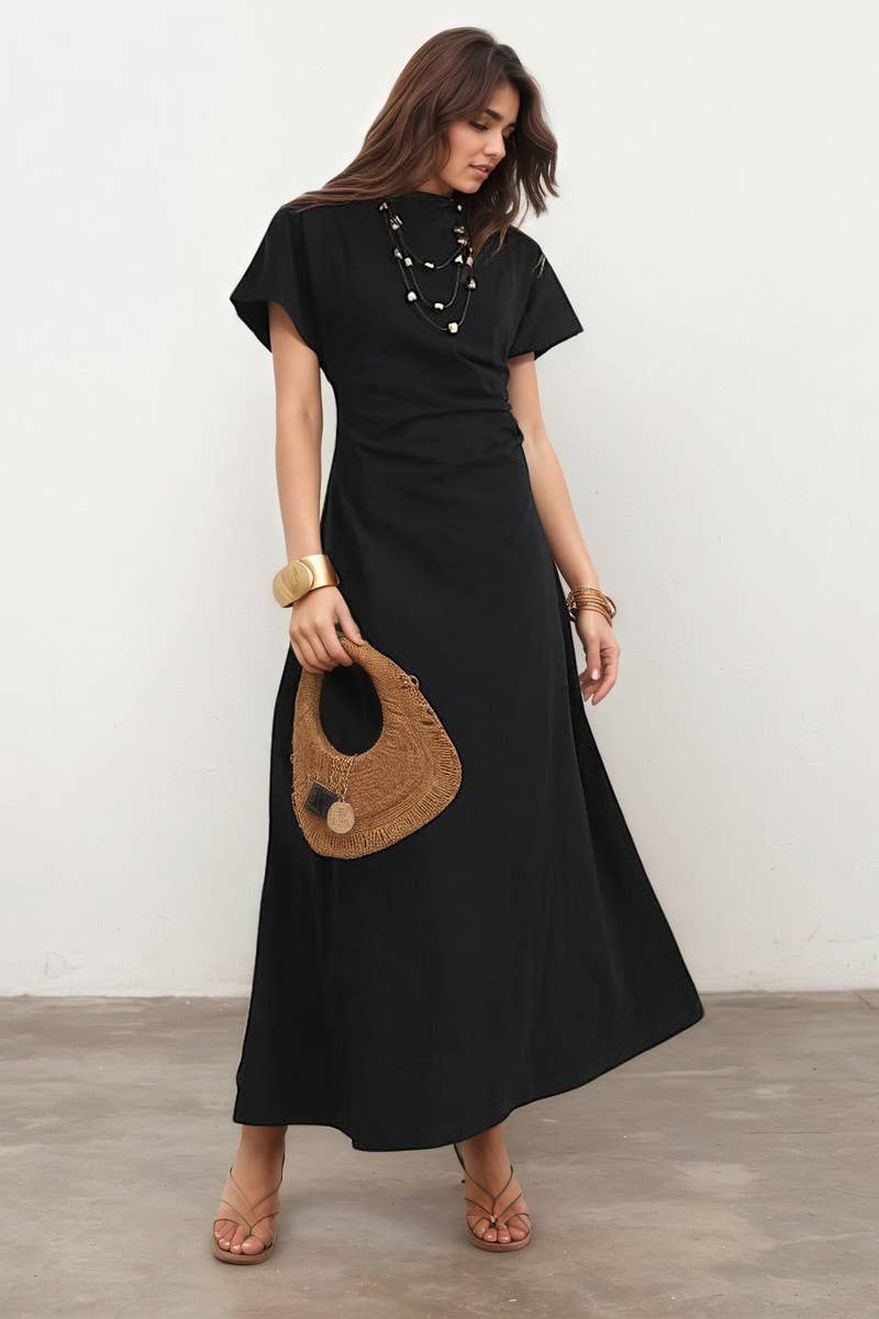 CWDMD6421_VINTAGE RUCHED WAIST BLACK DRAPED MAXI DRESS