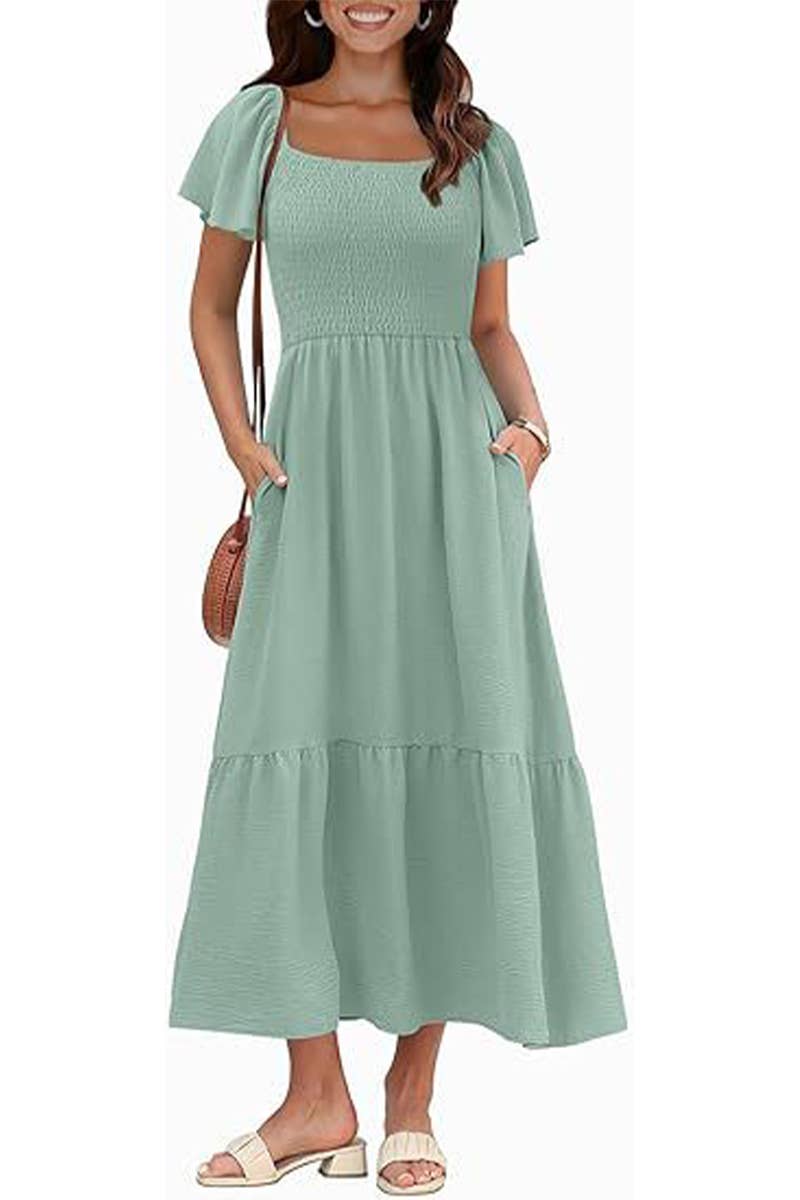 CWDMD6363_SQUARE NECK BUTTERFLY SLEEVE SHIRRED POCKET DRESS