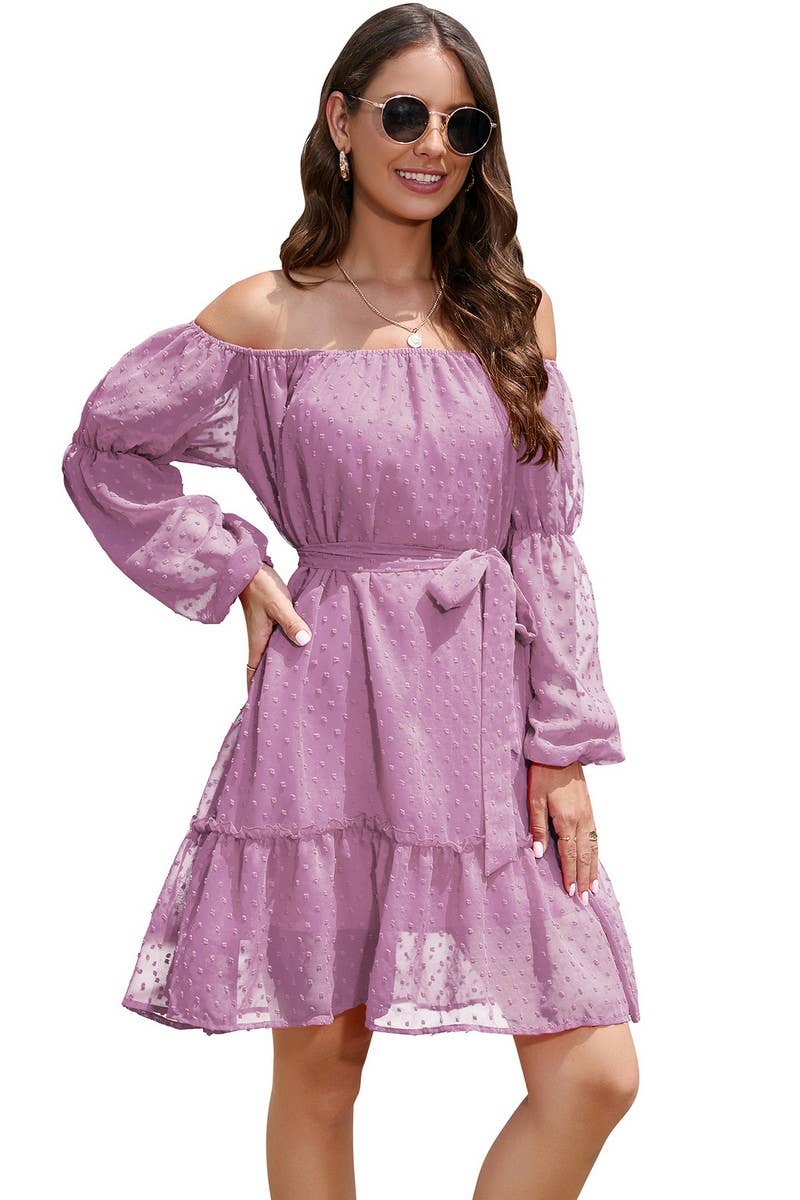 CWDSD8400_OFF SHOULDER POM POM CHIFFON BELTED DRESS