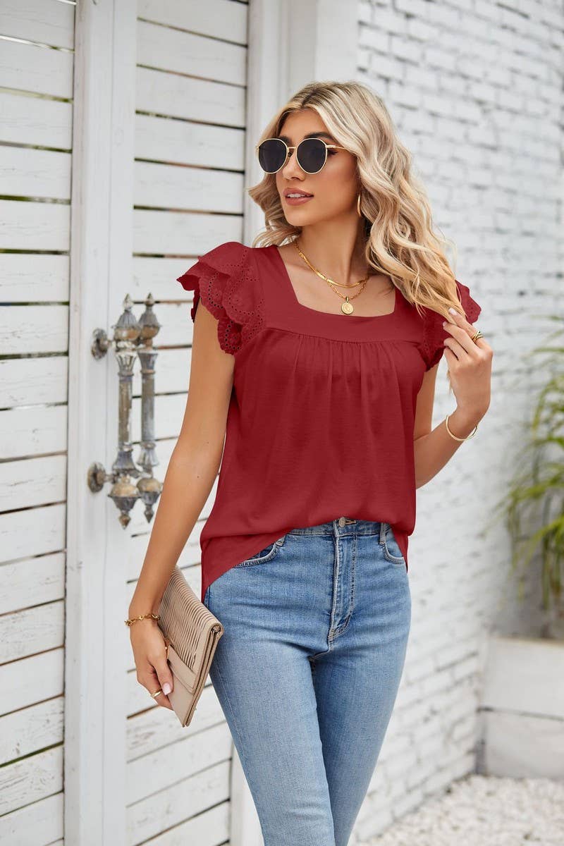 CWTTSL0245_Squre Neck Ruffle Sleeveless Knit Top